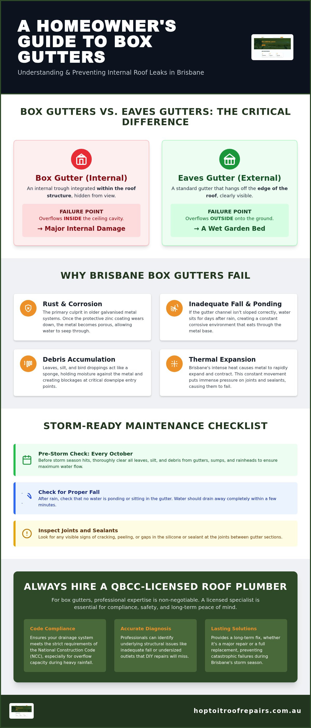 Box Gutter Repairs Brisbane: A Homeowner’s Guide to Internal Drainage infographic