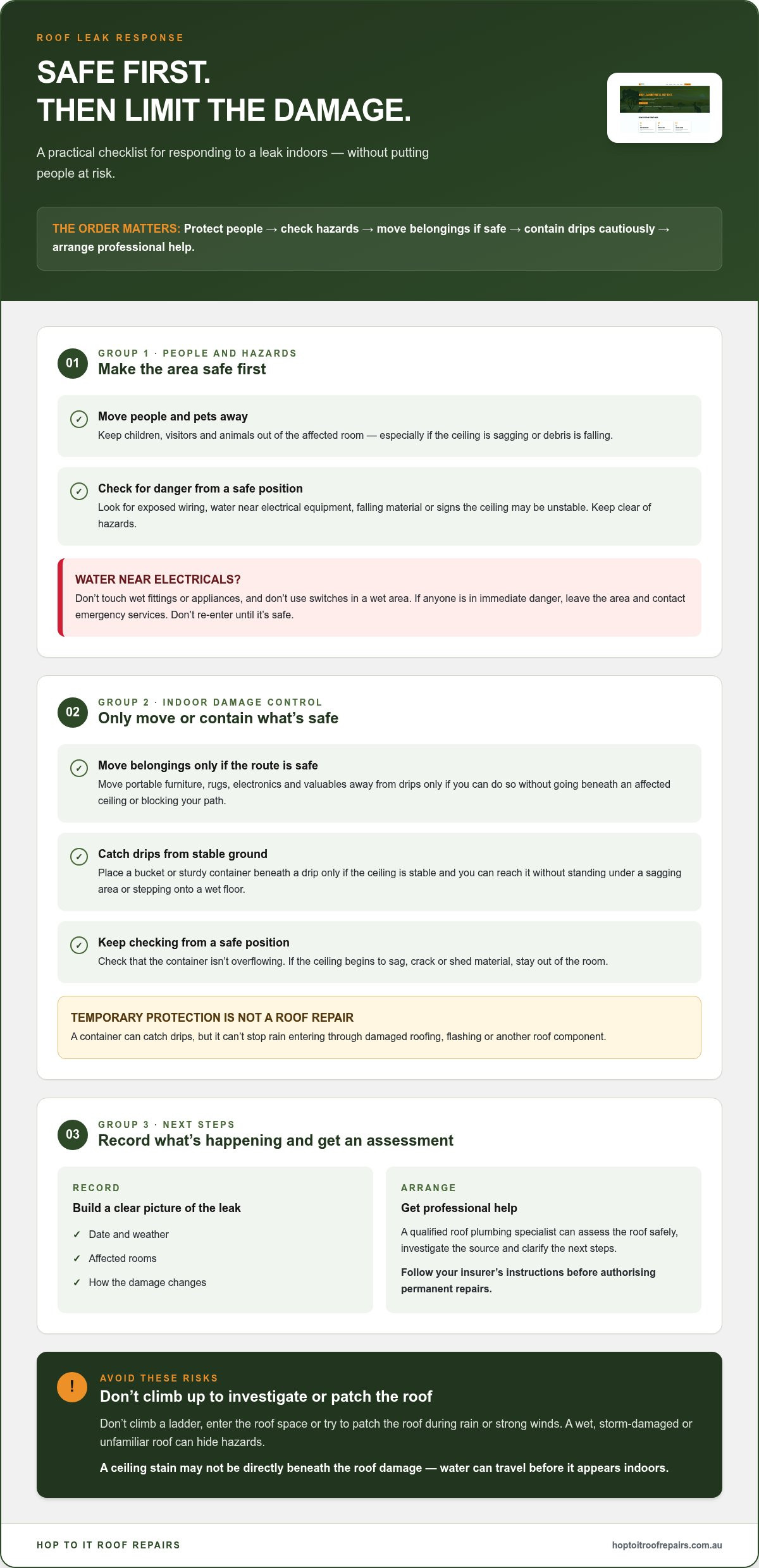 What to Do if Your Roof Leaks: A Safe, Practical Guide infographic